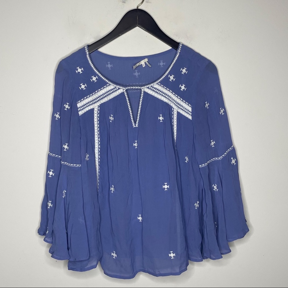 Anthropologie Floreat Adena Blue Embroidered Peasant Boho Top with Bell Sleeves